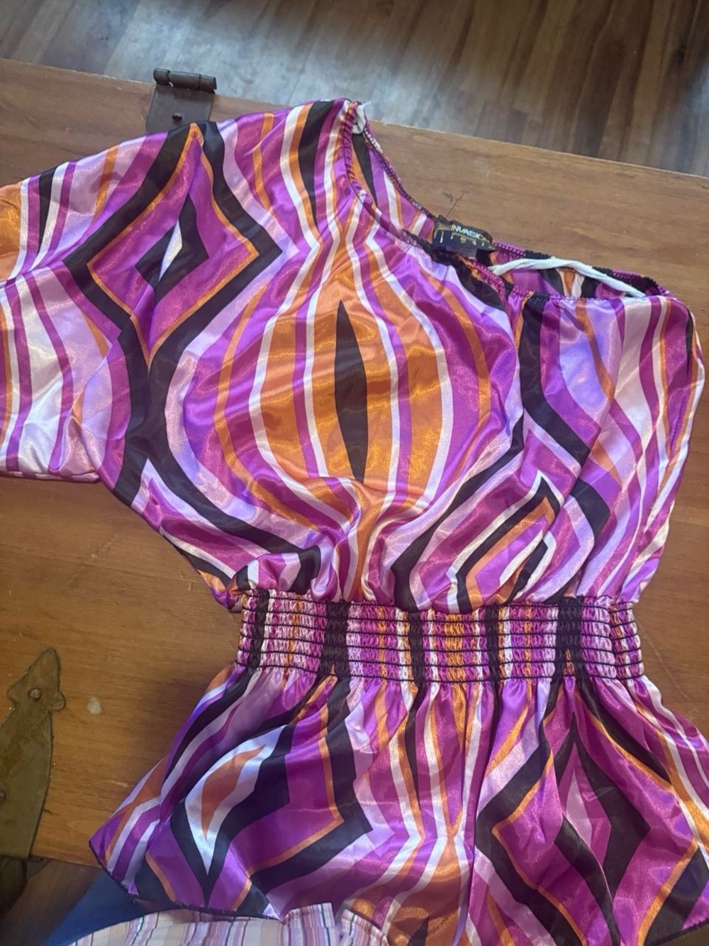Y2K Invasion Geometric Satin Peplum Top Pink Orange Purple